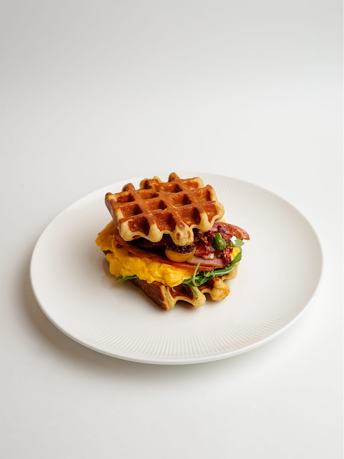 Belgian waffles with scrambled eggs
